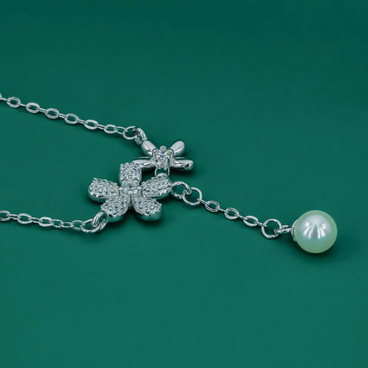Blossom Grace Floral 925 Silver Pendant Necklace – Pearl Drop & Zircon Sparkle - Zentara Jewels