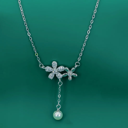 Blossom Grace Floral 925 Silver Pendant Necklace – Pearl Drop & Zircon Sparkle - Zentara Jewels