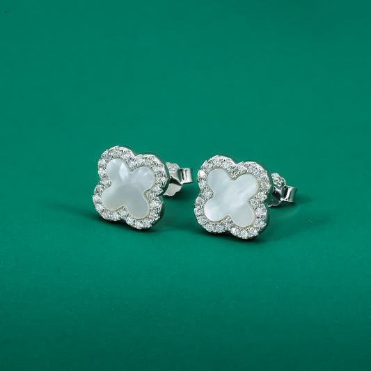 Elegant Mother of Pearl Clover Stud Earrings – Sterling Silver Zircon Halo - Zentara Jewels