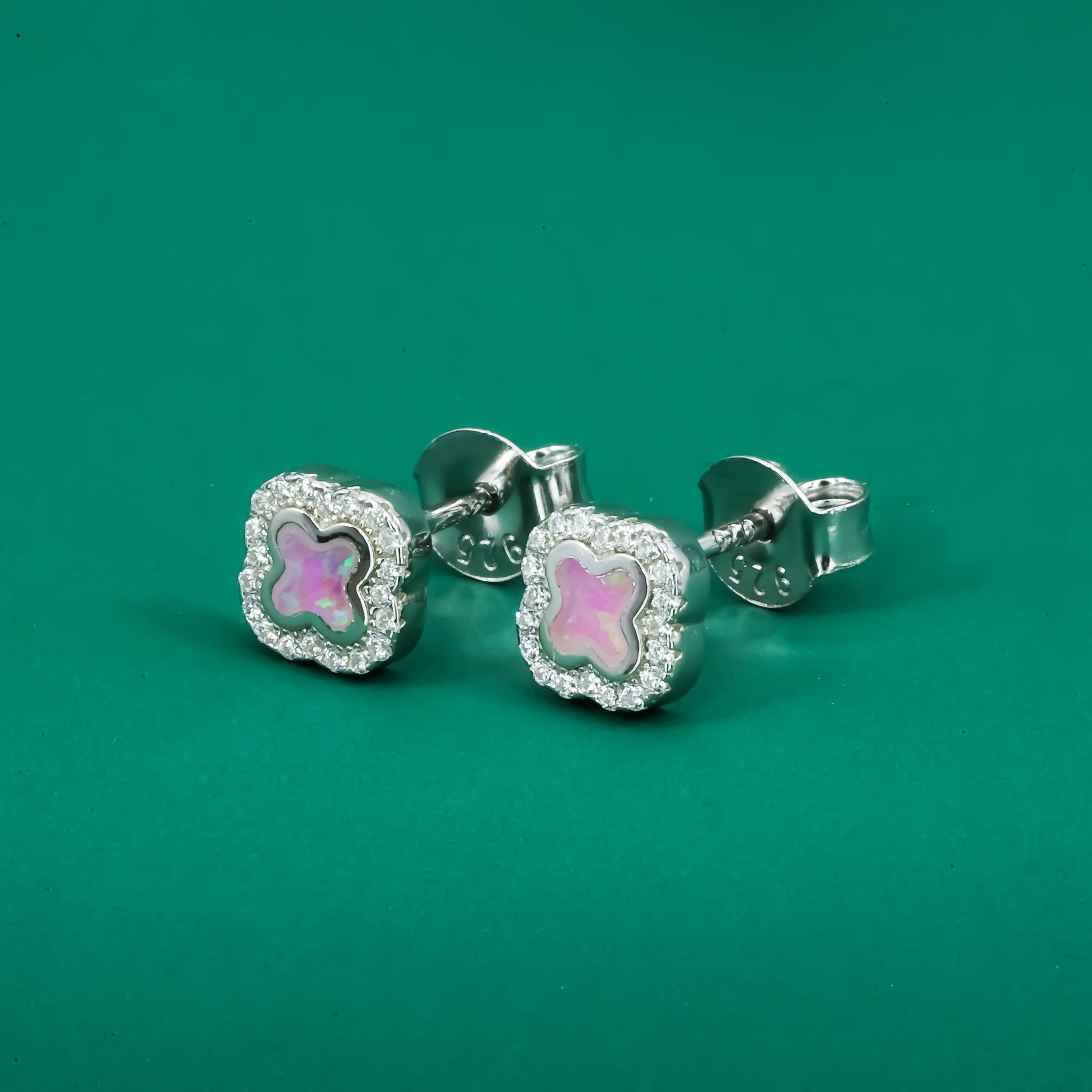 Iridescent Opal Clover Stud Earrings – Sterling Silver CZ Halo Design - Zentara Jewels