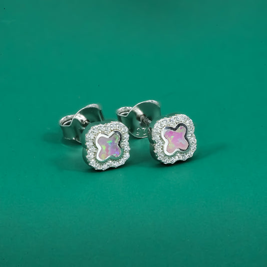Iridescent Opal Clover Stud Earrings – Sterling Silver CZ Halo Design - Zentara Jewels