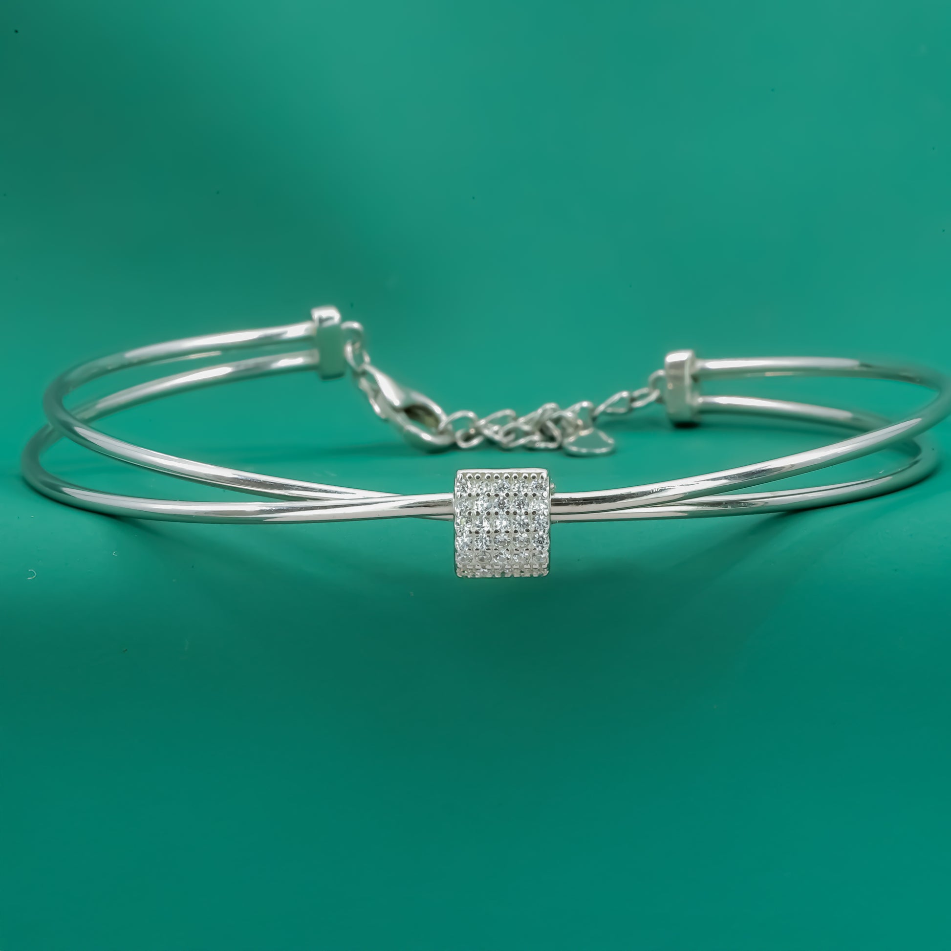 Orbit Charm Bangle – Sterling Silver Double Wire with Studded Bead Accent - Zentara jewels