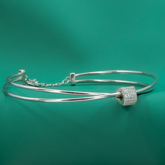 Orbit Charm Bangle – Sterling Silver Double Wire with Studded Bead Accent - Zentara Jewels