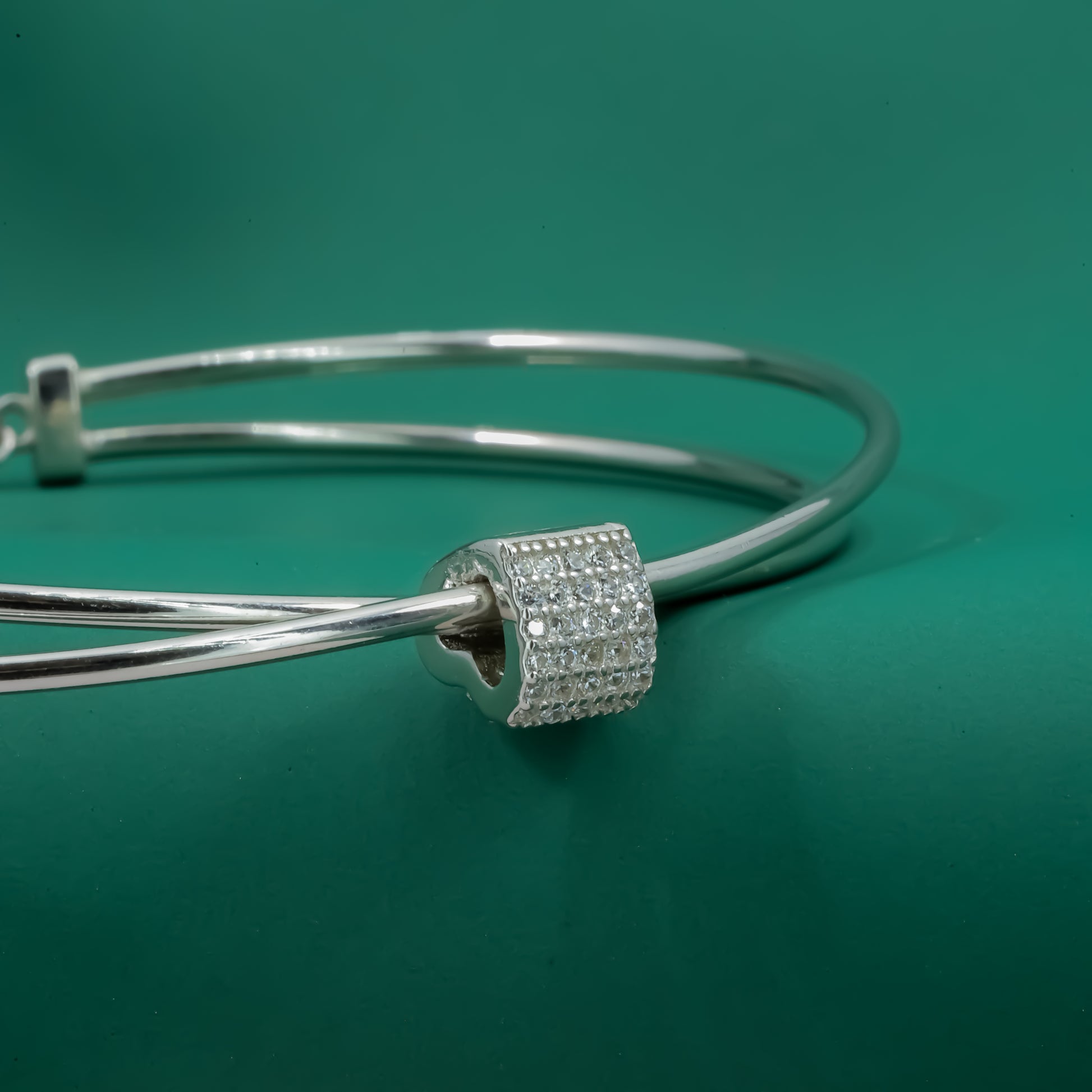 Orbit Charm Bangle – Sterling Silver Double Wire with Studded Bead Accent - Zentara Jewels
