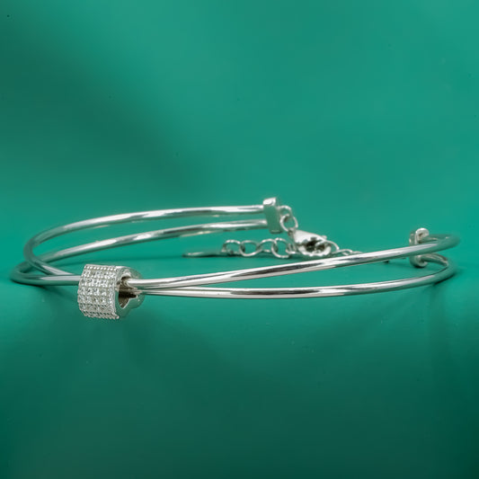 Orbit Charm Bangle – Sterling Silver Double Wire with Studded Bead Accent - Zentara Jewels