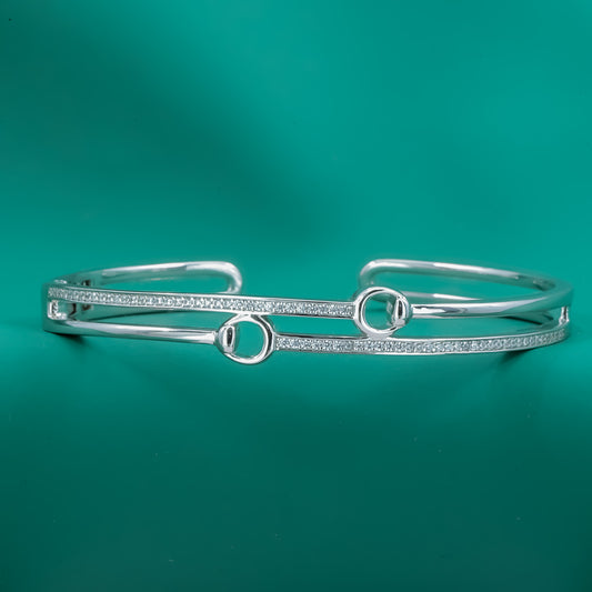 Twin Orbit Bangle – Sterling Silver Cuff Bracelet with Dual Halo Links - Zentara Jewels