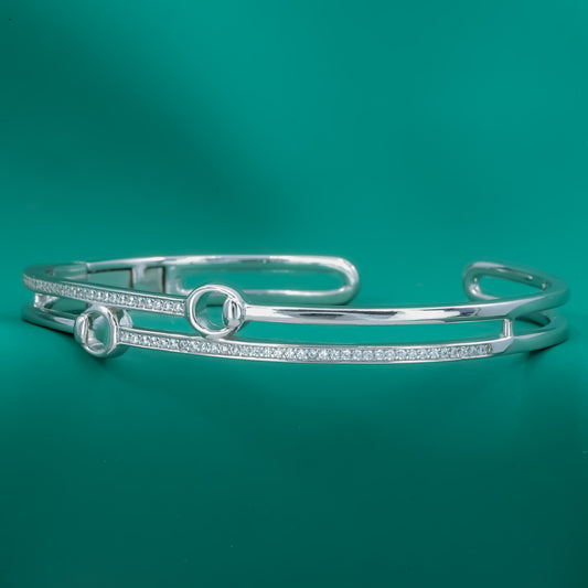 Twin Orbit Bangle – Sterling Silver Cuff Bracelet with Dual Halo Links - Zentara Jewels