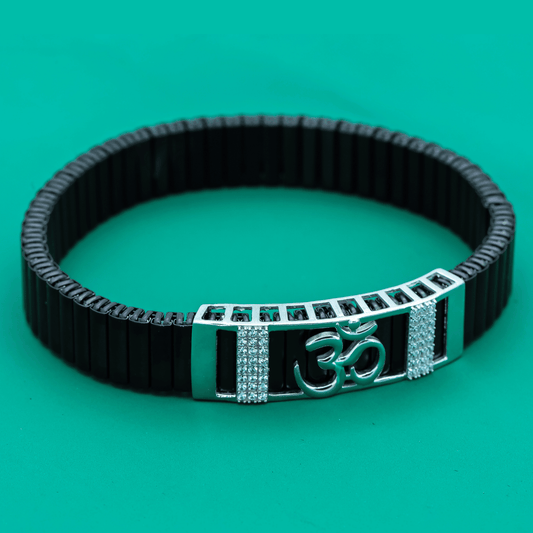"Om Divine" Bracelet – Black Stretch with Sparkling Silver Emblem