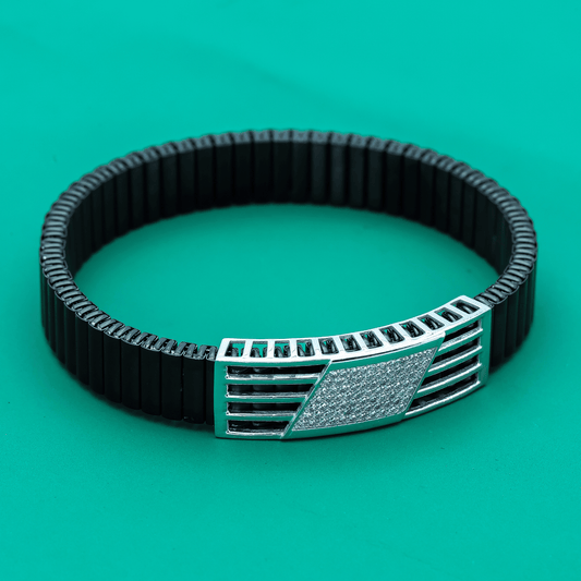 "Diamond Grid" Bracelet – Stretch Black Band with Silver Geometric Plate