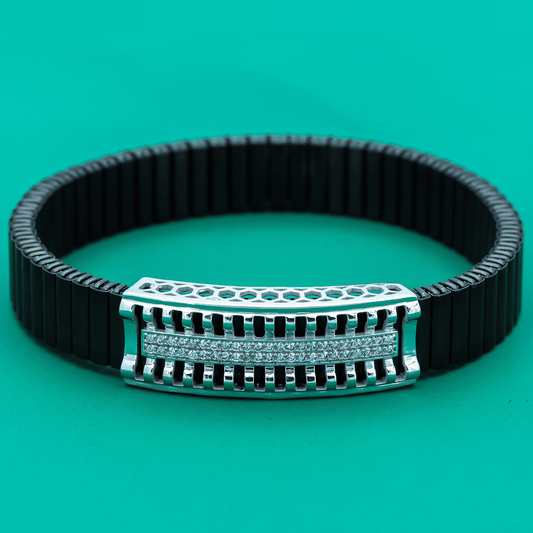 "Power Grid" Bracelet – Stretch Black Band with Silver & Zircon Panel