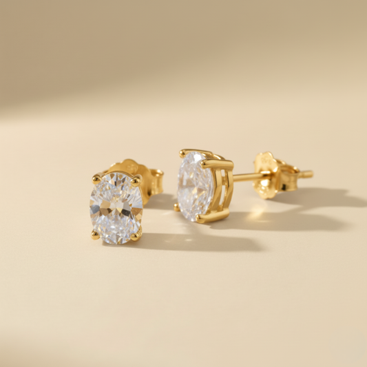 Gold Vermeil Classic Oval-Cut Solitaire Unisex Stud Earrings Pair