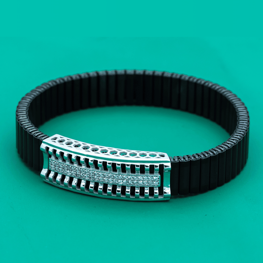 "Power Grid" Bracelet – Stretch Black Band with Silver & Zircon Panel