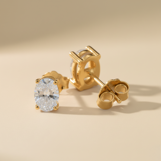 Gold Vermeil Classic Oval-Cut Solitaire Unisex Stud Earrings Pair