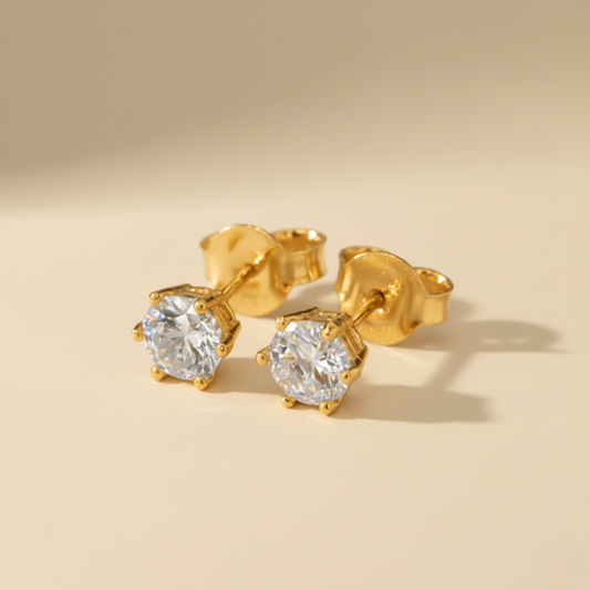 Gold Vermeil Classic Round-Cut Solitaire Unisex Stud Earrings Pair