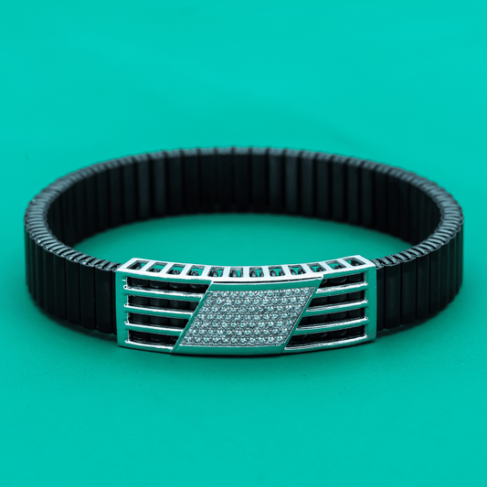 "Diamond Grid" Bracelet – Stretch Black Band with Silver Geometric Plate