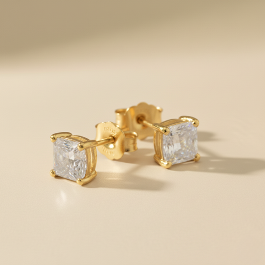 Gold Vermeil Classic Princess-Cut Solitaire Unisex Stud Earrings Pair