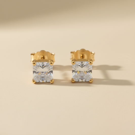 Gold Vermeil Classic Princess-Cut Solitaire Unisex Stud Earrings Pair