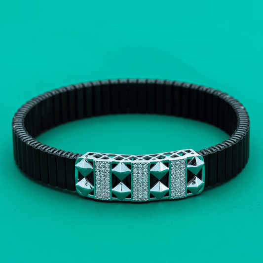 "Iron Pyramid" Silver Bracelet – Black Flex Band with Pyramid Studs & Zircon Strips