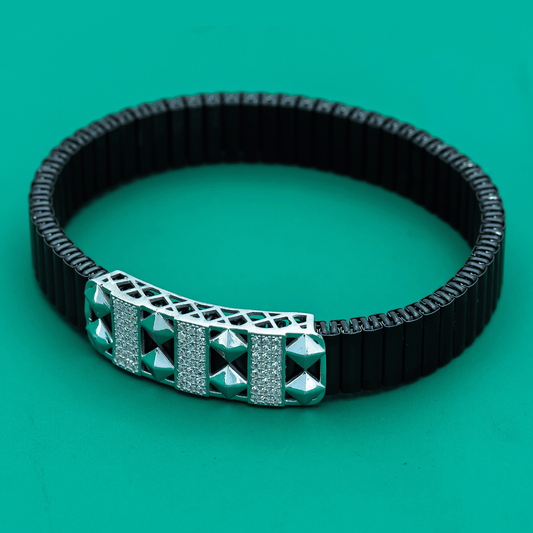 "Iron Pyramid" Silver Bracelet – Black Flex Band with Pyramid Studs & Zircon Strips