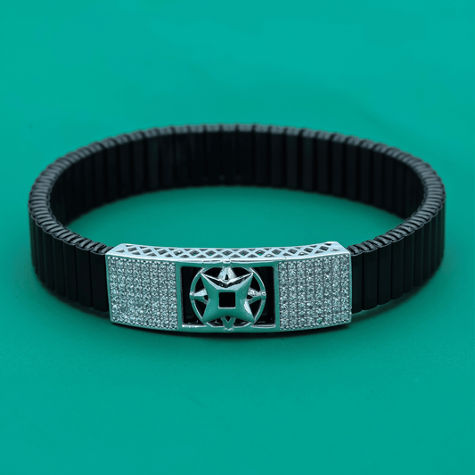 Ninja Star Bracelet – Black Stretch Band with Silver Star & Zircon Panels