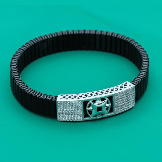 Ninja Star Bracelet – Black Stretch Band with Silver Star & Zircon Panels