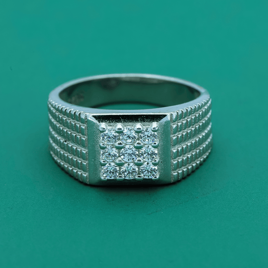 Grid Luxe Ring – Sterling Silver Men’s Band with Diamond Cluster Accent