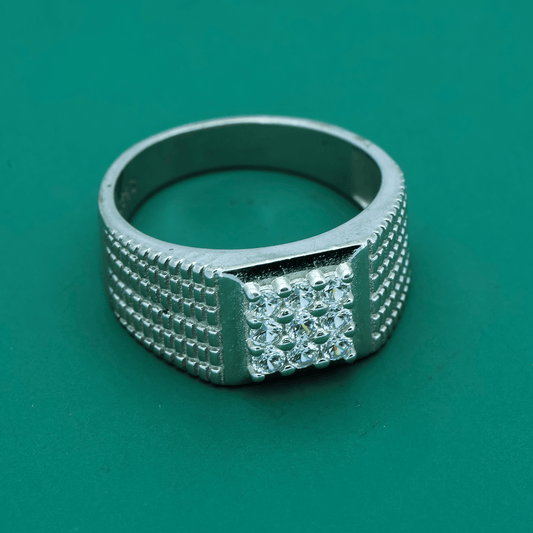 Grid Luxe Ring – Sterling Silver Men’s Band with Diamond Cluster Accent