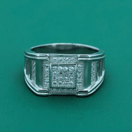 Imperial Grid Ring – Bold Sterling Silver Band with Diamond Matrix