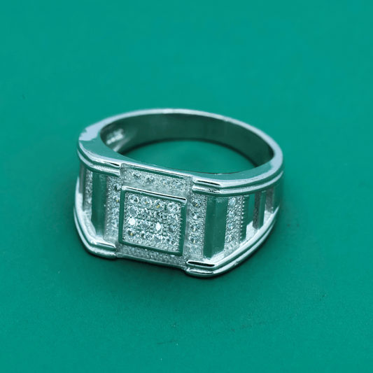 Imperial Grid Ring – Bold Sterling Silver Band with Diamond Matrix