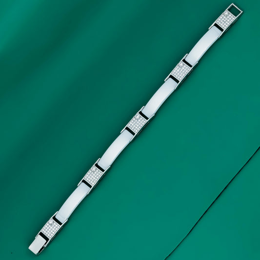 White Ceramic & Zircon 925 Silver Bracelet for Men