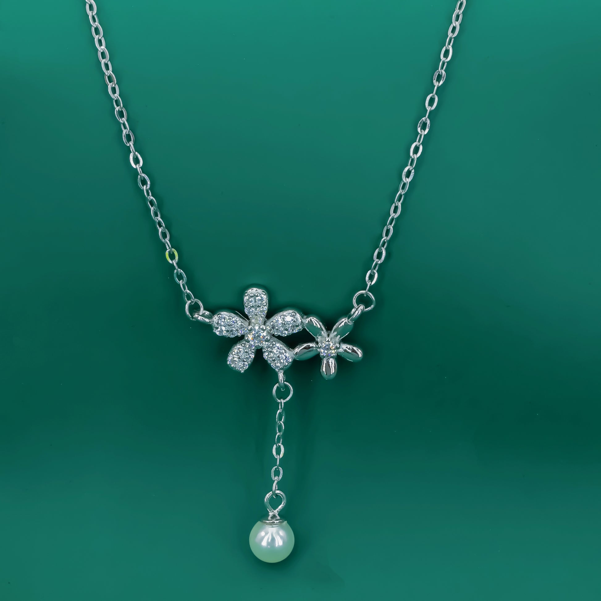 Blossom Grace Floral 925 Silver Pendant Necklace – Pearl Drop & Zircon Sparkle - Zentara Jewels