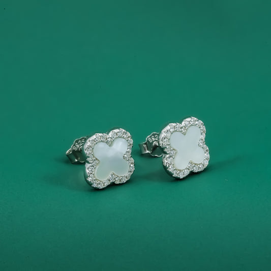 Elegant Mother of Pearl Clover Stud Earrings – Sterling Silver Zircon Halo - Zentara Jewels