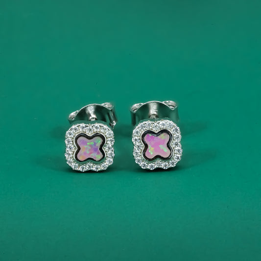Iridescent Opal Clover Stud Earrings – Sterling Silver CZ Halo Design - Zentara Jewels