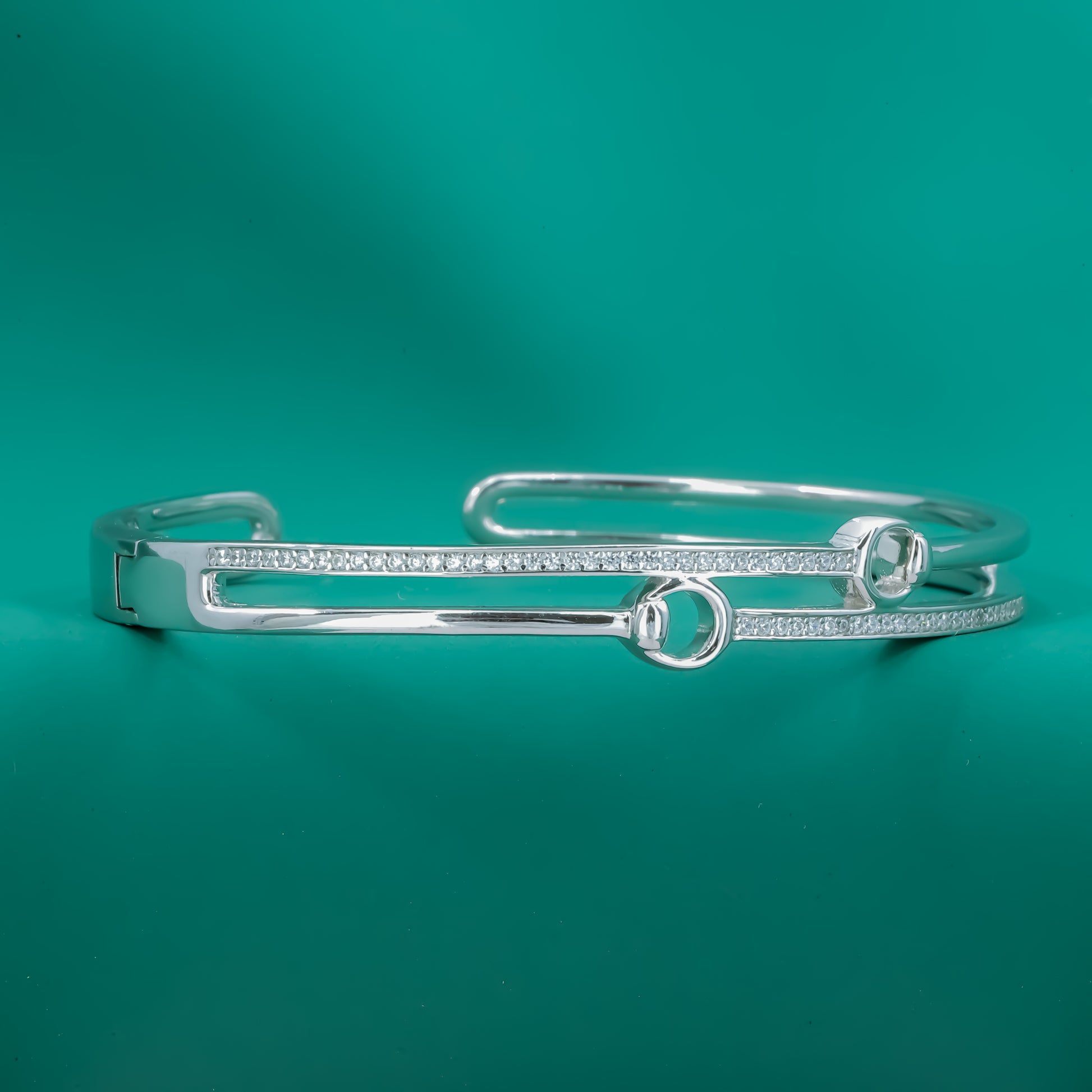 Twin Orbit Bangle – Sterling Silver Cuff Bracelet with Dual Halo Links - Zentara Jewels