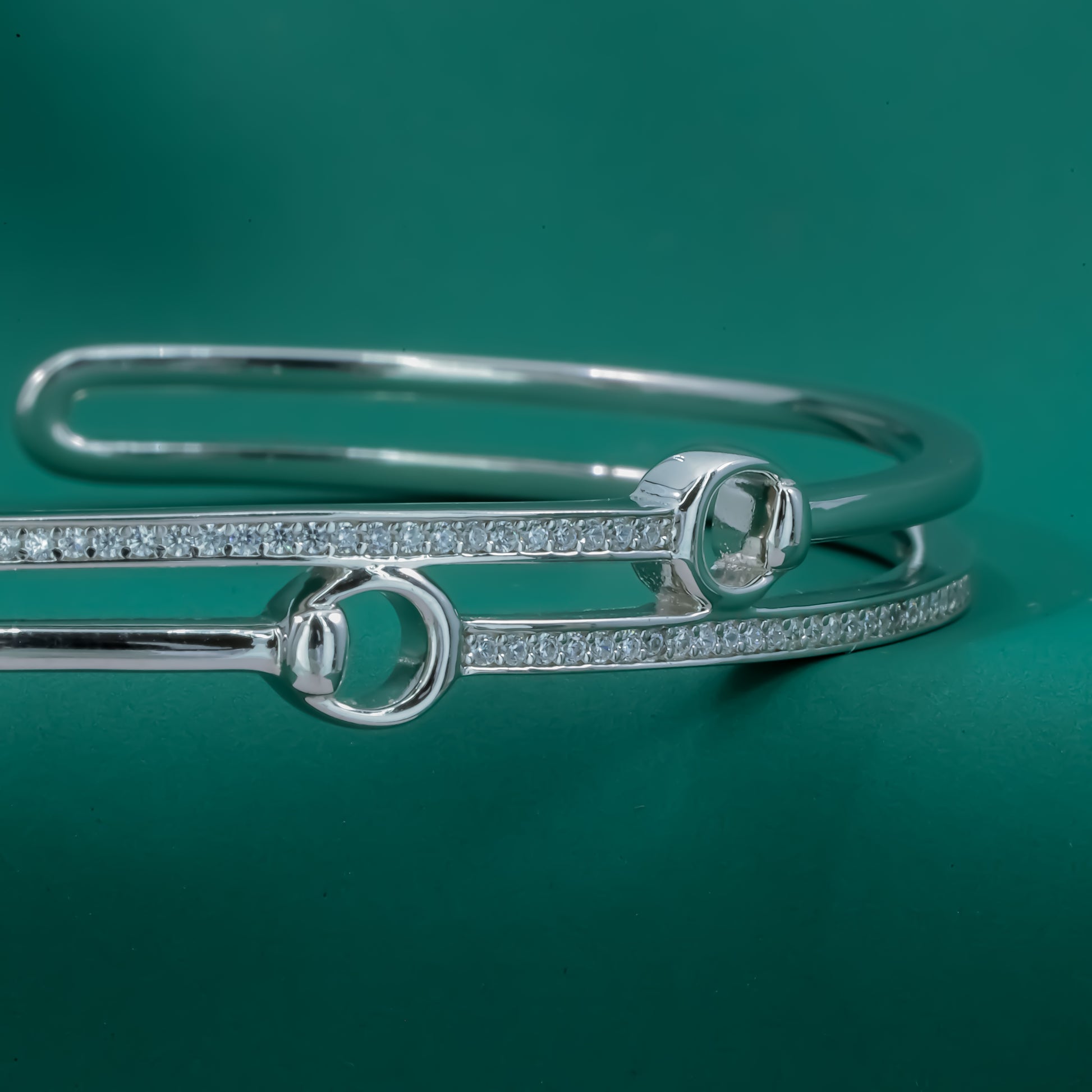 Twin Orbit Bangle – Sterling Silver Cuff Bracelet with Dual Halo Links - Zentara Jewels