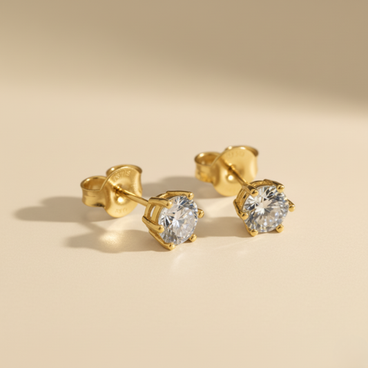 Gold Vermeil Classic Round-Cut Solitaire Unisex Stud Earrings Pair